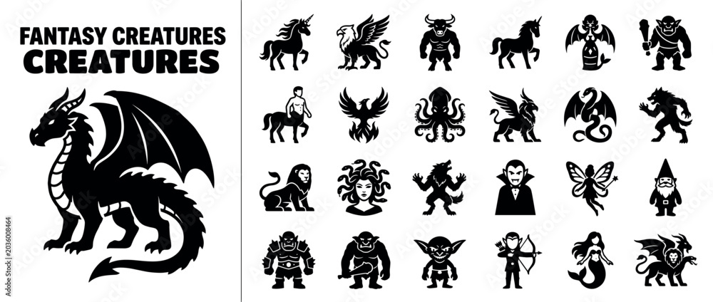 Obraz premium Fantasy creatures icons set. Mythical beasts and monsters icon. Dragon, unicorn, griffin, minotaur, centaur, phoenix, kraken, werewolf, vampire, mermaid, fairy, gnome, goblin, ogre, chimera