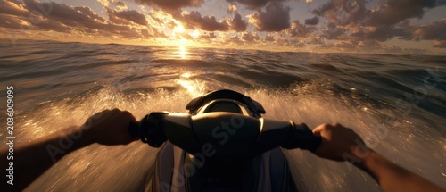 Riding Jet Ski Towards Sunset Over Ocean