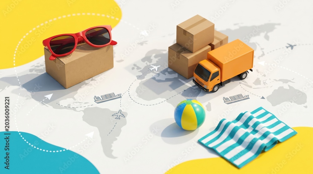 Naklejka premium Global Vacation Shipping Logistics Concept with Delivery Truck and Beach Accessories on World Map Background for Travel and E-commerce Business