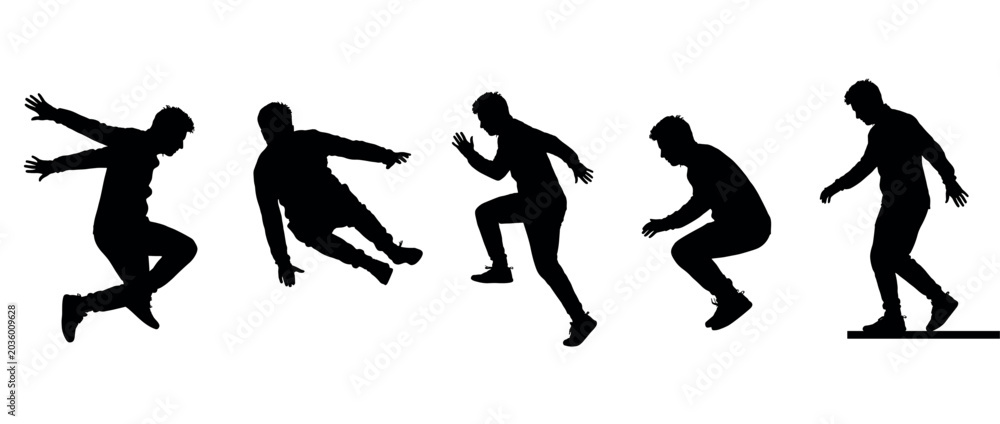 Naklejka premium Parkour action icons set. Man jumping, running, landing. Dynamic movement silhouette. Active lifestyle, extreme sport. Solid black silhouette style