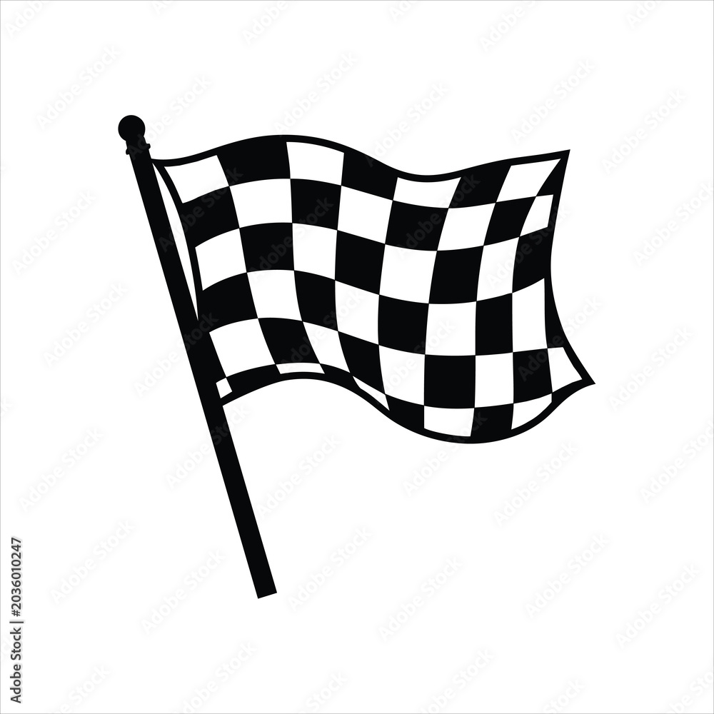 Fototapeta premium Checkered flag vector illustration. Realistic racing finish flag waving on a pole. Auto sport championship and victory concept black silhouette.