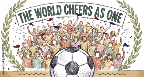 фотографія The World Cheers As One diverse international crowd celebrating with soccer ball