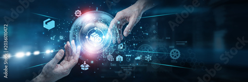 Photos Coordinator Hands of human touching on supply chain management network connection, logistics systems enabling inventory flow distribution tracking supplier coordination
