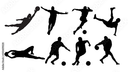 Cuadro en lienzo Vibrant collection of soccer player silhouettes in dynamic action poses, illustr