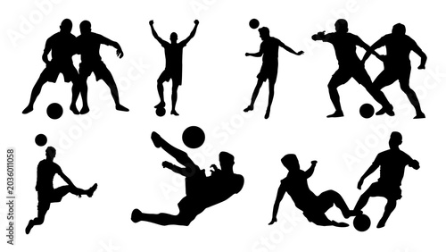 Fotografía Dynamic silhouettes of soccer players in various action poses, capturing the ene