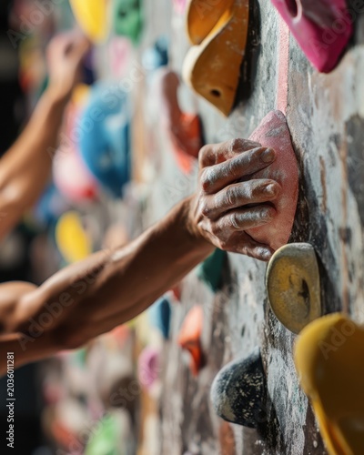 Close-up of Hands Climbing Indoor Wall