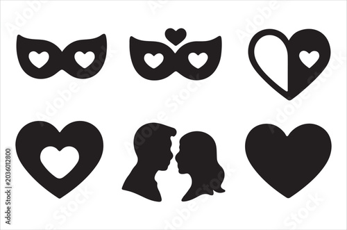 Heart shaped Silhouettes And Couple Profile Black On White Background
