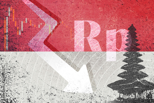 Indonesian rupiah currency decline, financial market crisis, falling stock values, and Bali tourism impact concept with red arrow graphic