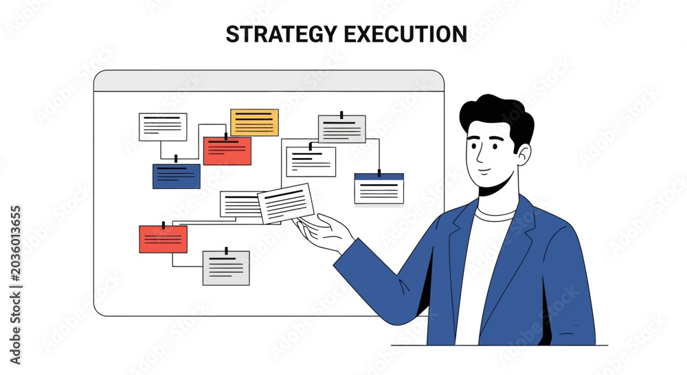 Fototapeta premium Business Strategy Execution Plan - Man Demonstrating Flowchart
