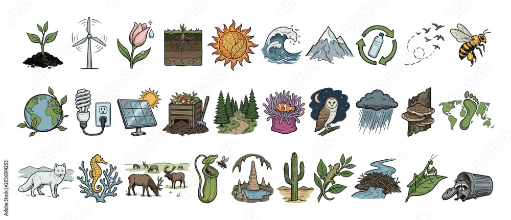 Obraz premium Set of nature icons. Environment, ecology, sustainability symbols. Hand drawn vector elements for renewable energy, wildlife, natural resources, and earth protection.