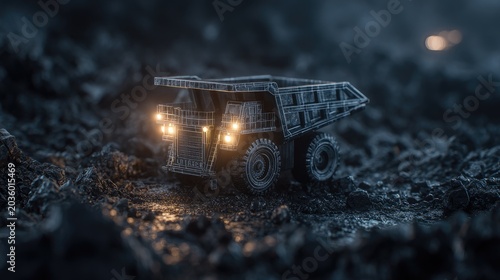 Illuminated construction vehicle model glows amidst dark, rough terrain illustration