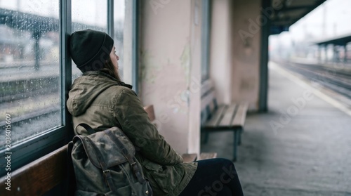 Young woman waiting alone at a train station platform on a rainy day, pensive female traveler with backpack sitting on a bench, concept of solitude, travel delay, and melancholy