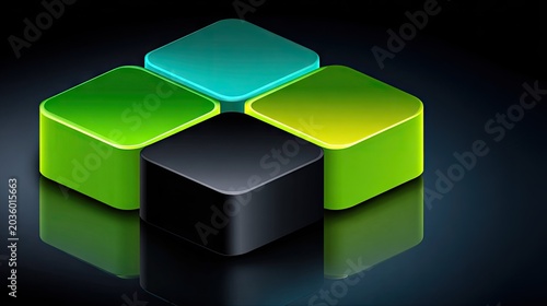 Four three dimensional geometric shapes display vibrant colors against a dark background.