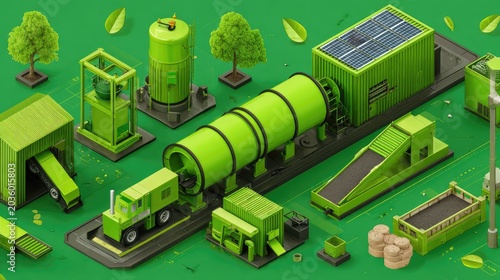 Industrial recycling facility components are displayed in an isometric, bright green, stylized environment