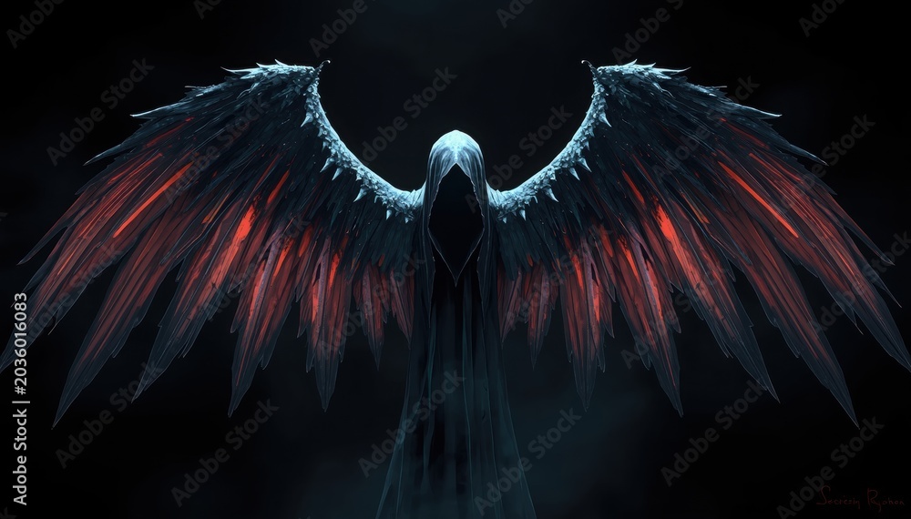 Obraz premium A dark, hooded figure with large, ominous wings spreads out against a black background, evoking a mysterious and eerie atmosphere.