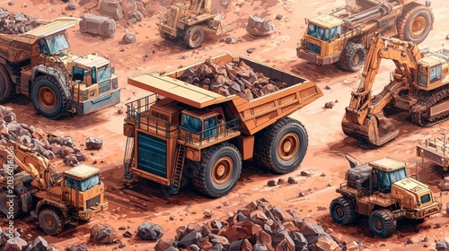 Numerous colossal earth-moving vehicles operate across a rugged, sunlit excavation site filled with loose material.