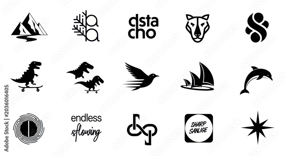 Fototapeta premium Collection of diverse black minimalist icons and logos on a white background