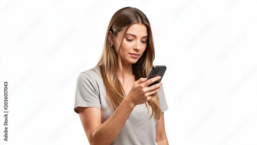 Fototapeta premium Young woman checking smartphone against plain background