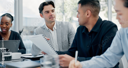 Fotografie Meeting, discussion or business people with paper in office, trading offer or investment evaluation