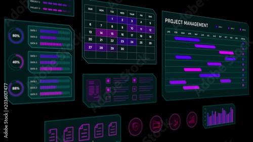 Digital project management interface featuring animated Gantt charts and task scheduling timelines.