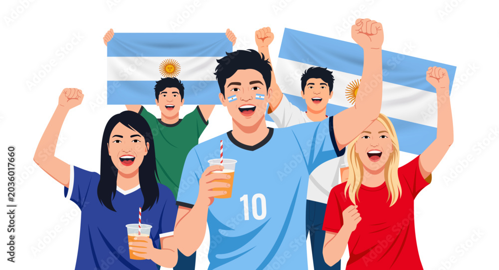 Obraz premium Vector illustration of enthusiastic Argentine football fans cheering with Argentina flags. Ideal for sports event promotions, fan culture content, football campaigns, and supporters.