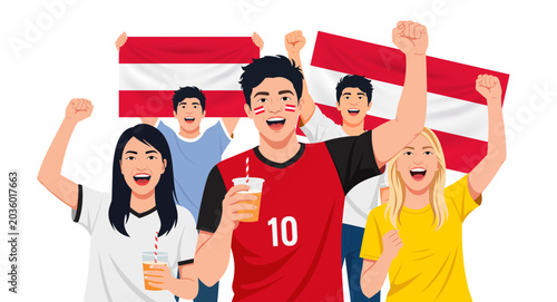 Vector illustration of enthusiastic Austria football fans cheering with flags and team-inspired jerseys. Ideal for sports event promotions, fan culture content, football campaigns, and supporters.