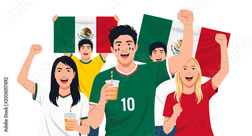 Vector illustration of enthusiastic Mexico football fans cheering with flags and team-inspired jerseys. Ideal for sports event promotions, fan culture content, football campaigns, and supporters.
