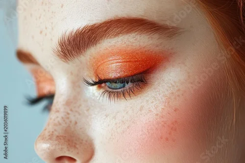 Obraz Close-up of a woman with freckles, red hair and striking blue eyes, accentuated by vibrant orange eyeshadow. A beauty portrait in soft light.