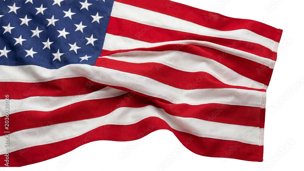 Obraz premium Waving united states of america flag with red white and blue stripes and stars against transparent background.