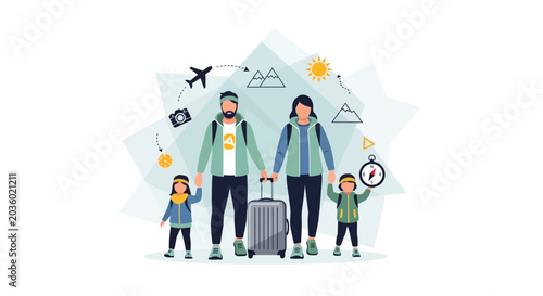 Happy Family Travel Adventure with Kids and Luggage Outdoors