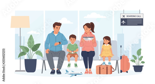 Family Waiting at Airport During Boarding Call with Luggage