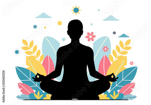 A person meditating in a serene outdoor setting with colorful leaves and flowers