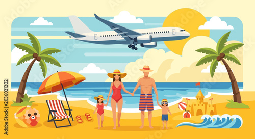 Family Beach Vacation with Airplane Flying Over Tropical Paradise