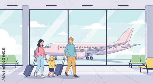 Family Traveling with Luggage at Airport Waiting for Flight