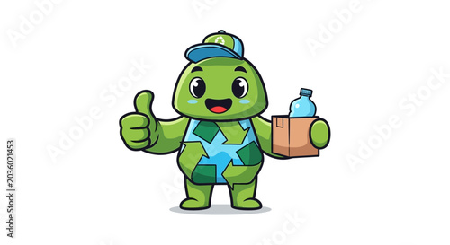Fotografía Cute Cartoon Turtle Mascot Giving Thumbs Up with Recycling Symbols