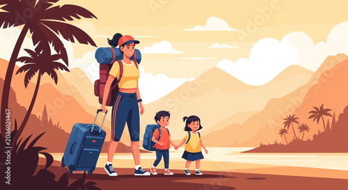 Happy Family Adventure on Tropical Beach at Sunset with Luggage
