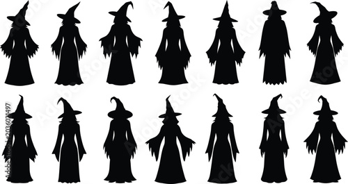 Billede på lærred Collection of black silhouette witch figures with pointed hats