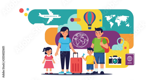 Family Travel Planning with Globe and Travel Icons Illustration