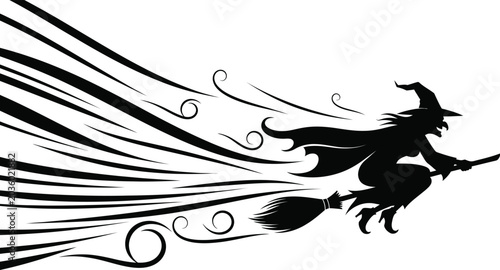 Silhouette of a witch flying on a broomstick with dynamic swirls