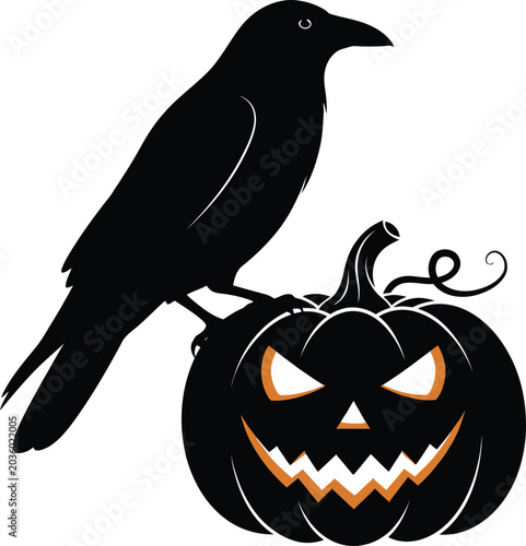 Halloween crow perched on a spooky jack o lantern