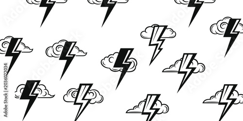 Black and white lightning bolt and cloud seamless pattern