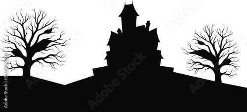 Spooky silhouette haunted mansion with bare trees against white sky