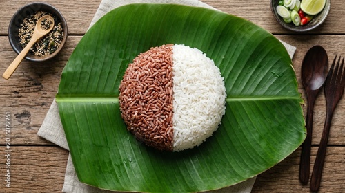 Top View of Red and White Rice on Fresh Banana Leaf