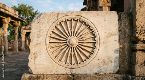 Ashoka Chakra Wheel Carved into Smooth Aged White Marble