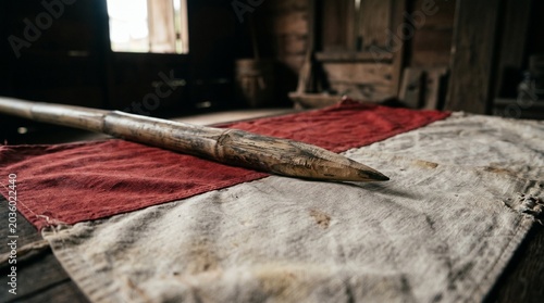 Weathered Bamboo Spear Resting on Vintage Red and White Flag