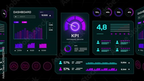 High tech digital dashboard visualizing key performance indicators and growth metrics for business monitoring.