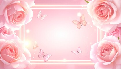 Pink Floral Border with Glowing Frame and Butterflies