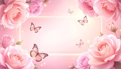 Pink Floral Border with Glowing Frame and Butterflies