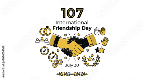 International Friendship Day July 30th: Handshake, Rings, Compass, Stars & Laurel Wreath Icons