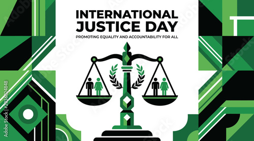 International Justice Day Graphic: Scales of Justice, Equality, Accountability, Global Law